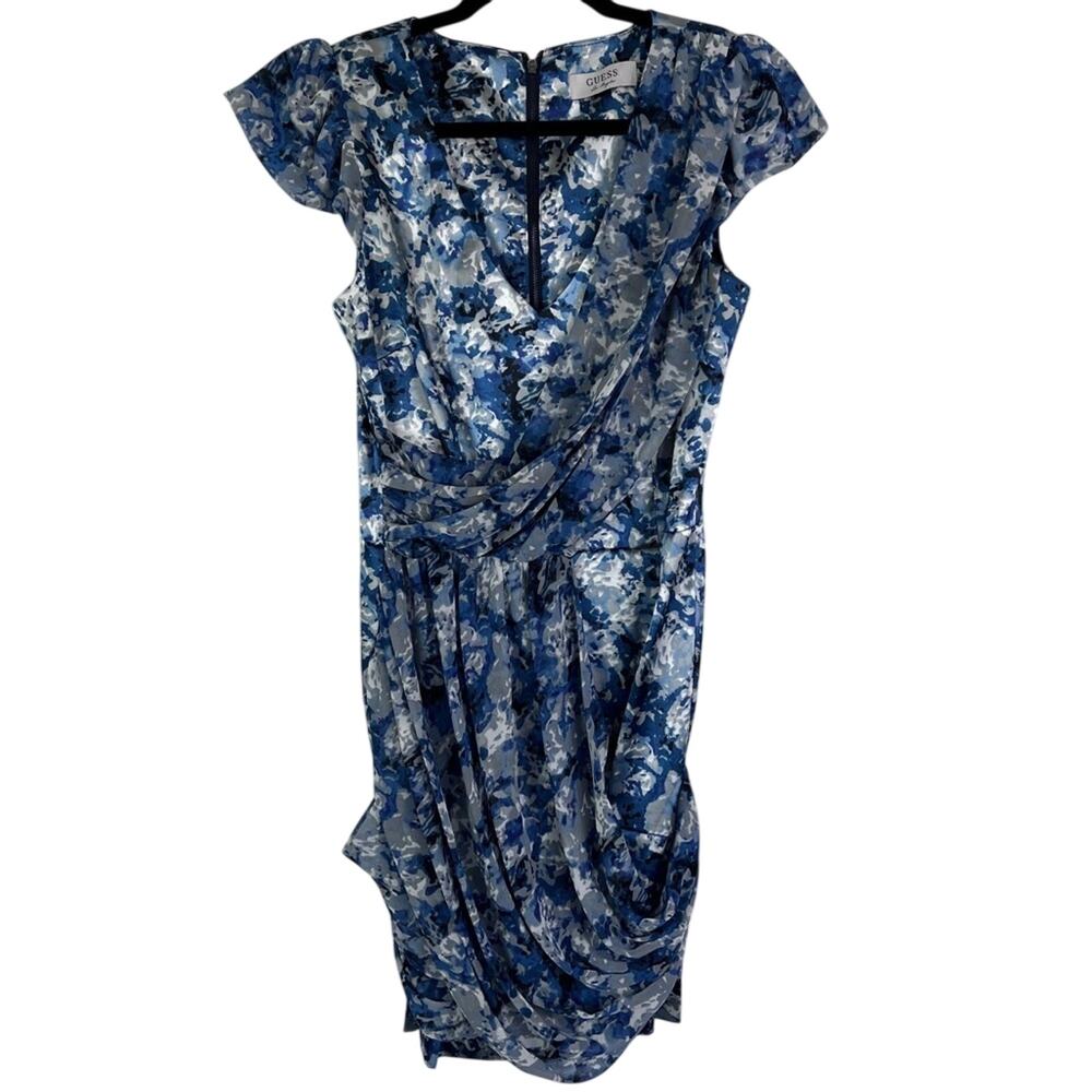 Guess Dress Women's Size 6 Blue Satin Sheath Chiffon Printed Vintage Y2K